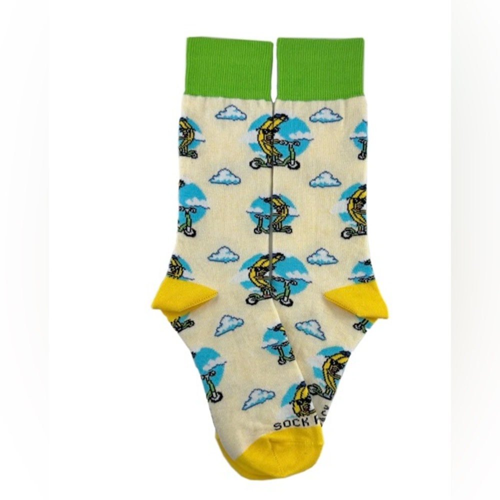 Vibrant Banana Ridding Scooter Pattern Socks - Green, Yellow, and Blue